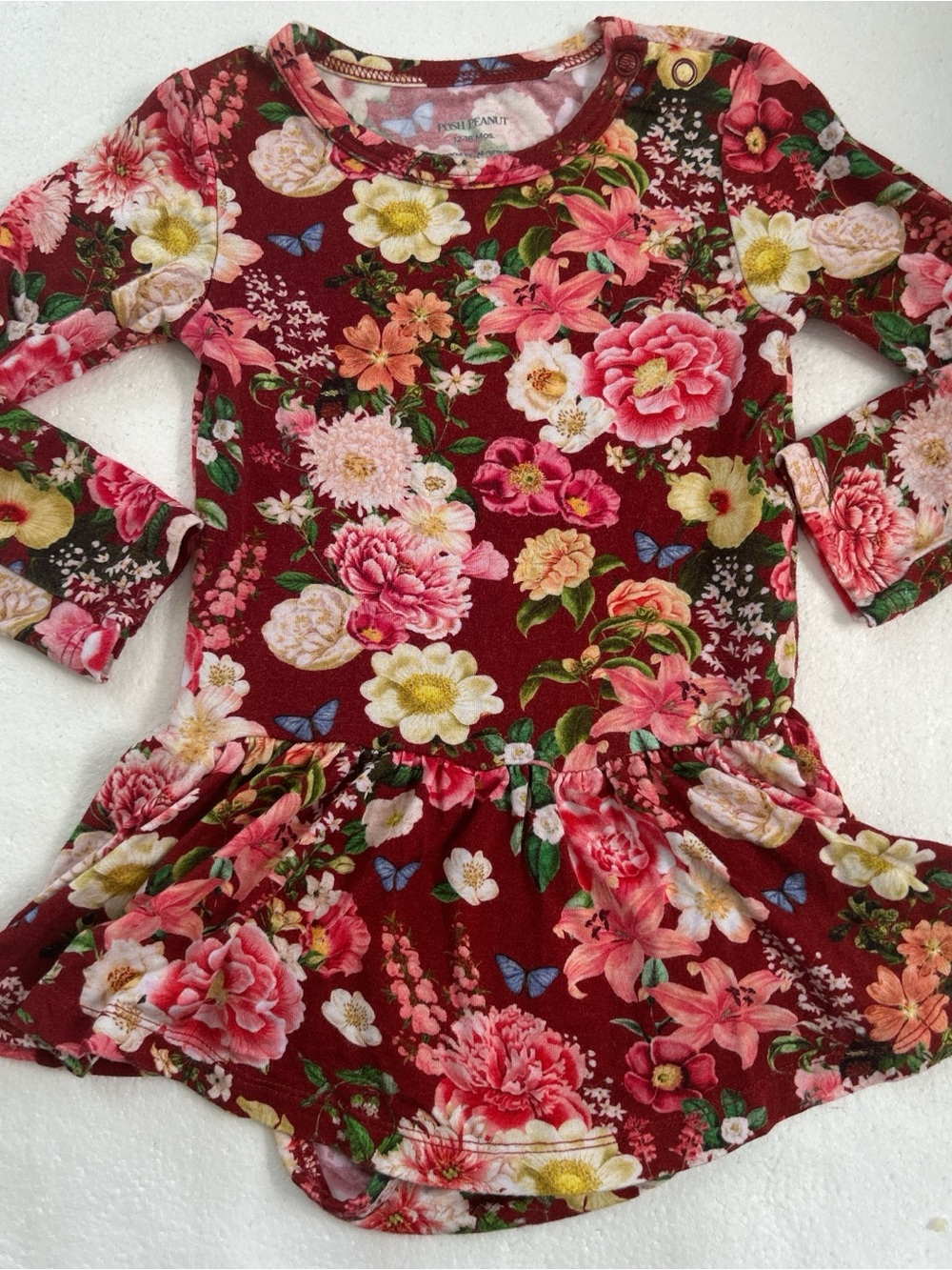Posh Peanut Ayla floral bamboo long sleeve twirl dress bodysuit burgundy 12/18m